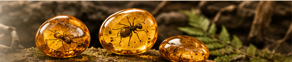 Three polished amber specimens arranged on moss