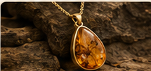 Baltic amber pendant displayed against natural bark