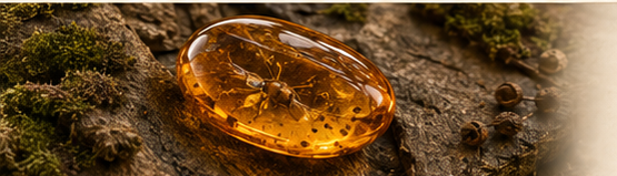 A polished amber specimen glowing on moss and forest bark